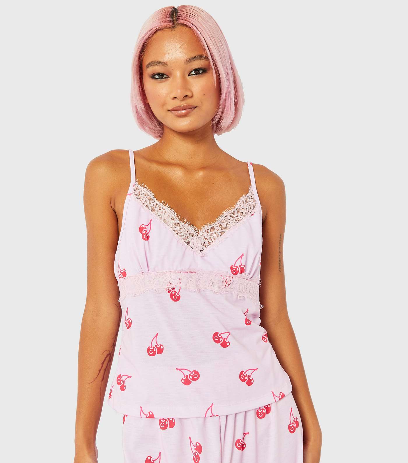 Skinnydip Pink Lace Trim Pyjama Set with Cherry Print Image 3