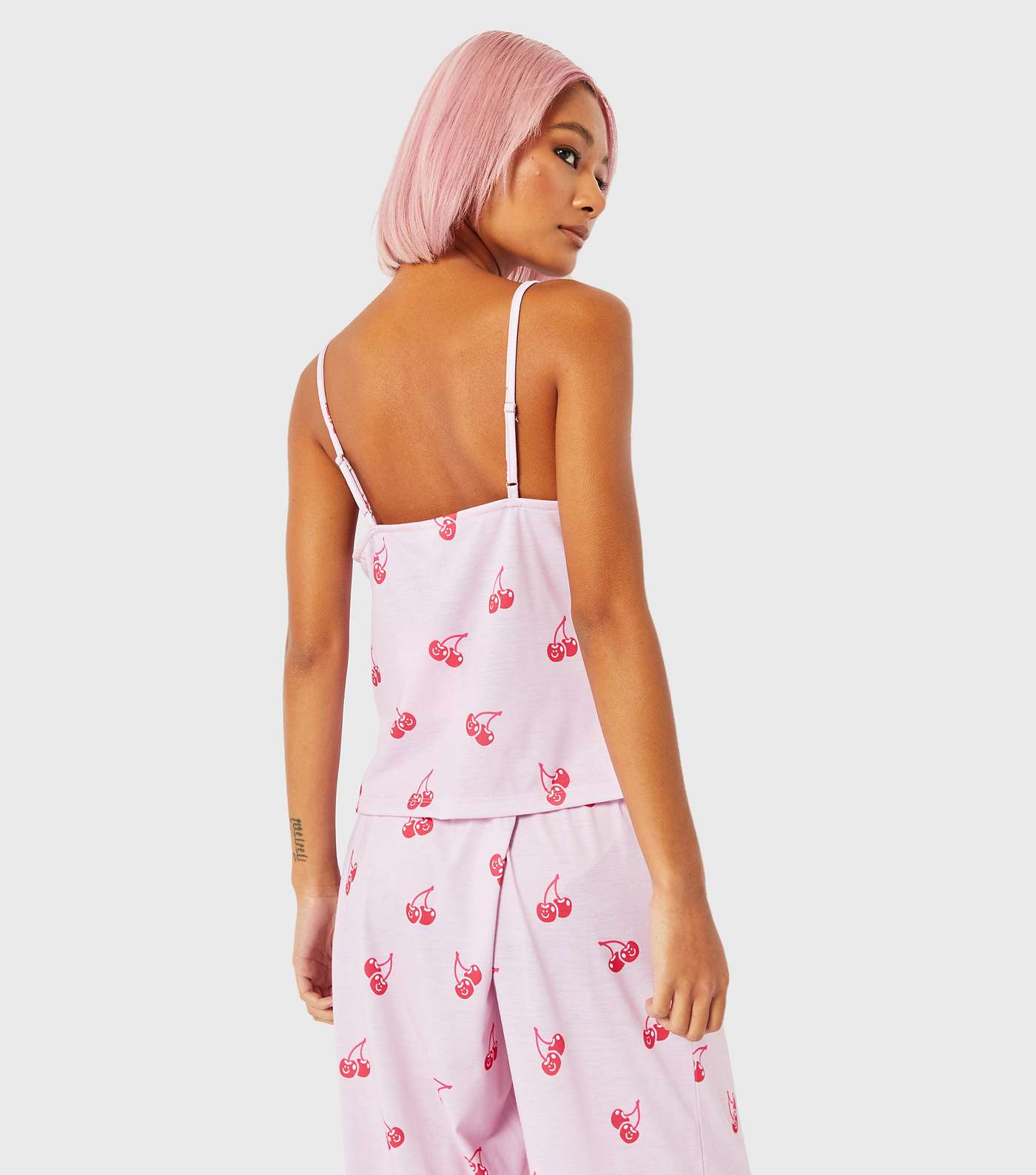 Skinnydip Pink Lace Trim Pyjama Set with Cherry Print Image 5