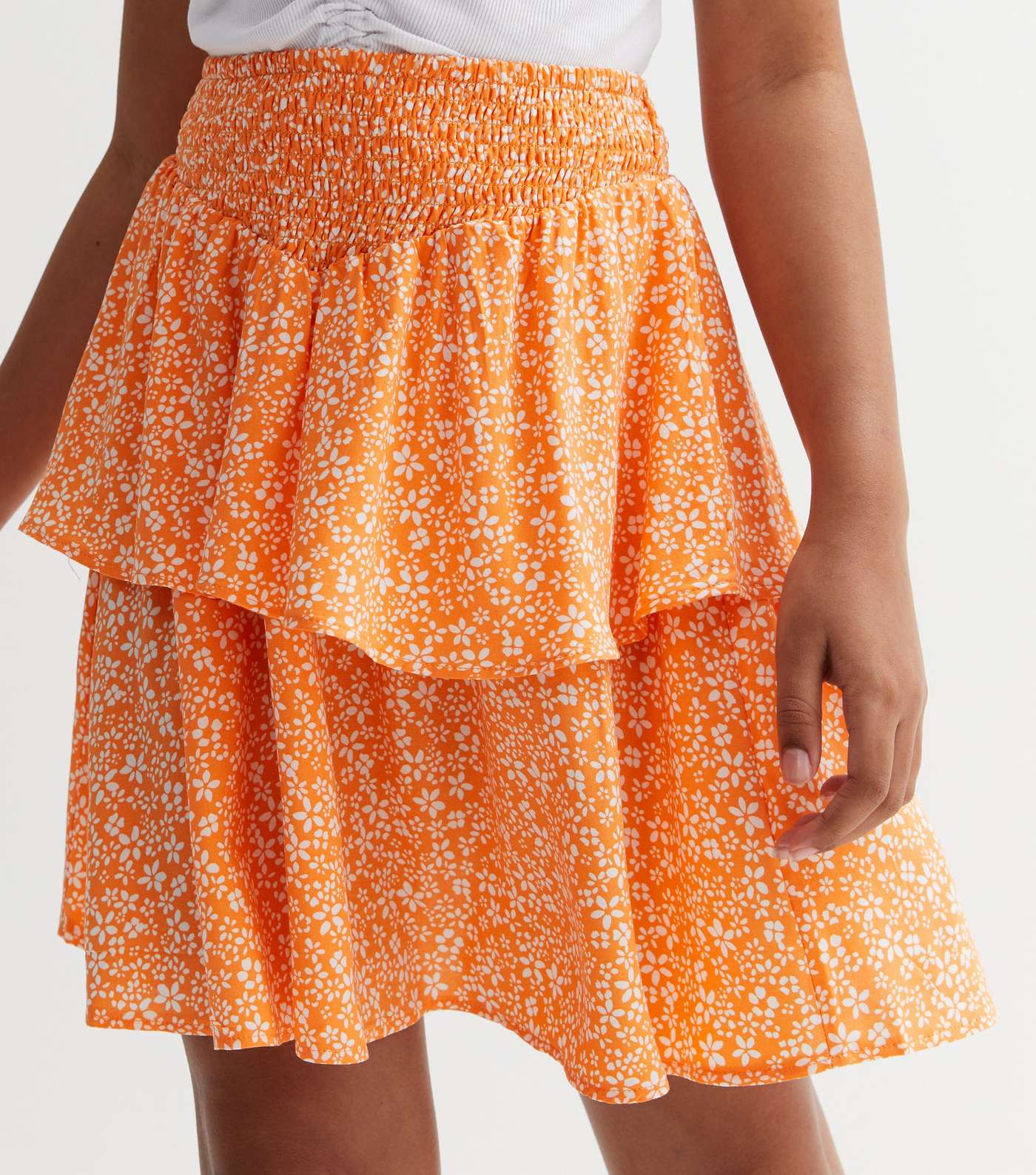Girls Orange Ditsy Floral Shirred Tiered Skirt Image 2