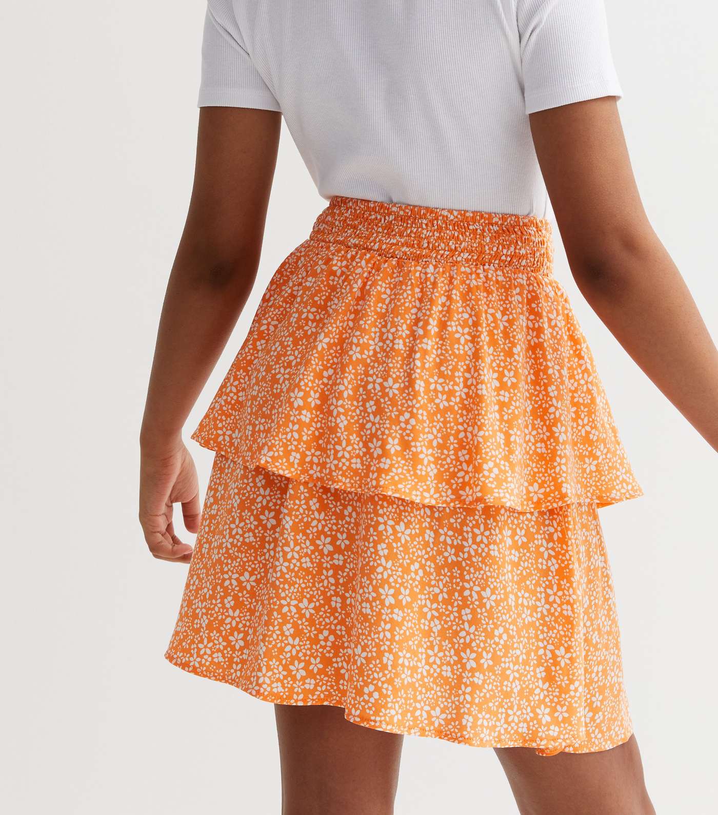 Girls Orange Ditsy Floral Shirred Tiered Skirt Image 4
