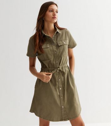 Khaki Short Sleeve Mini Shirt Dress