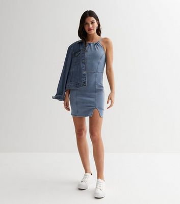 Blue Denim Halter Bodycon Mini Dress New Look