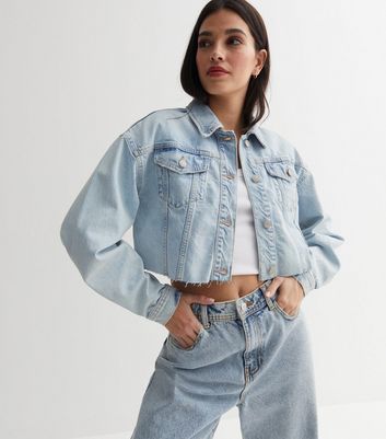 Pale Blue Frayed Denim Boxy Crop Jacket New Look