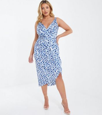 QUIZ Curves Pale Blue Animal Print Ruched Midi Wrap Dress New Look