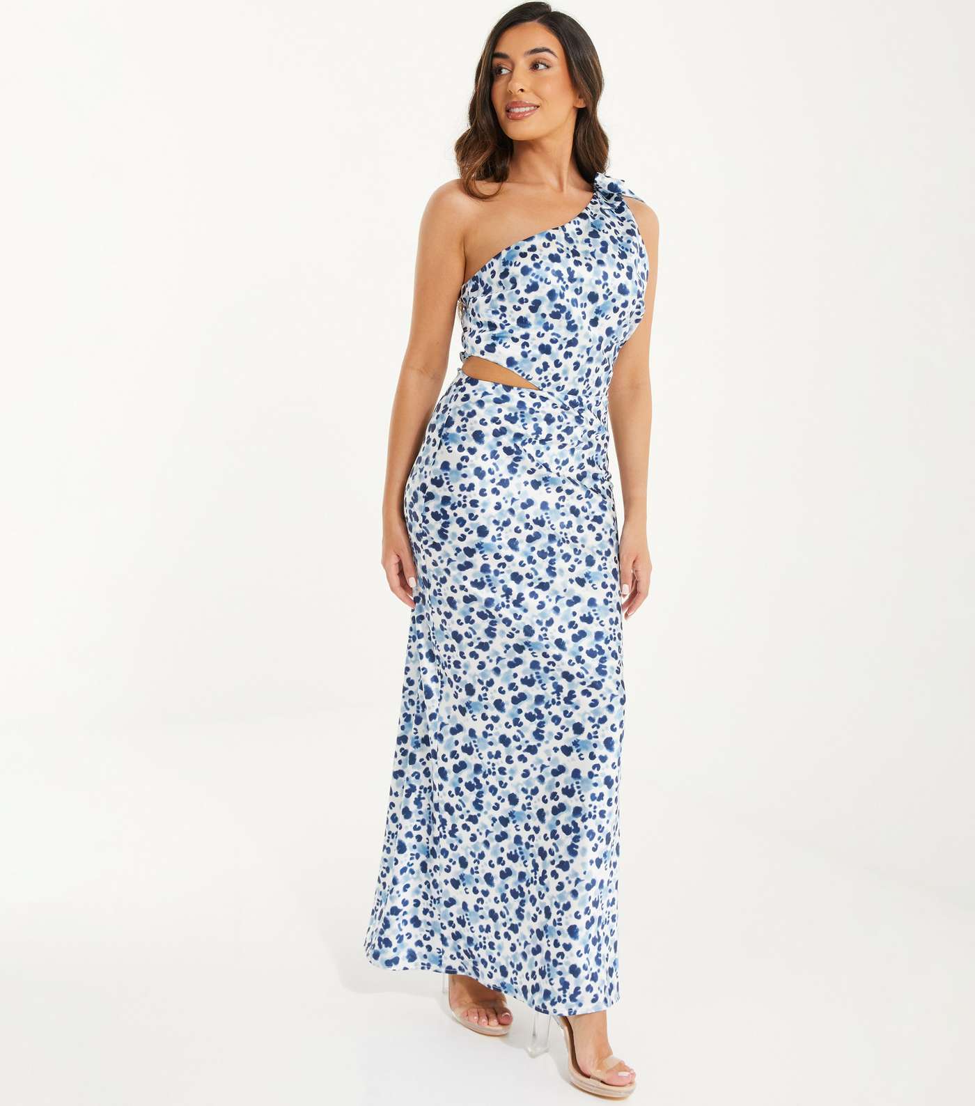 QUIZ Petite Pale Blue Leopard Print One Shoulder Maxi Dress Image 2