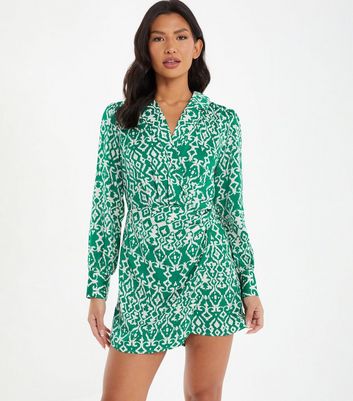 QUIZ Light Green Abstract Ruched Wrap Playsuit