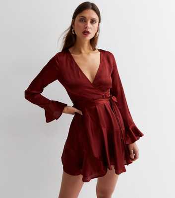 Cutie London Burgundy Satin V Neck Long Sleeve Tie Waist Mini Dress