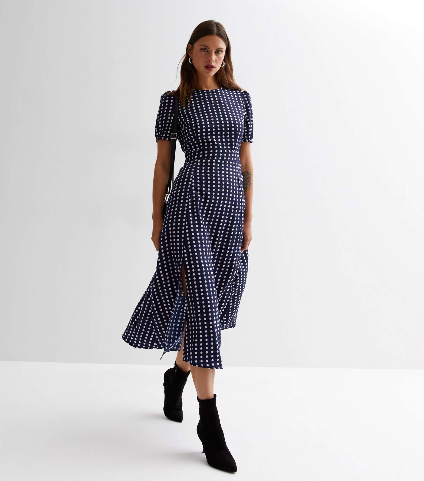Cutie London Navy Polka Dot Round Neck Puff Sleeve Maxi Dress Image 3