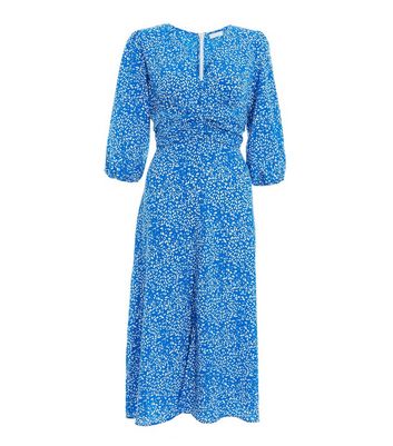 QUIZ Blue Animal Print Puff Sleeve Button Front Midi Dress New Look