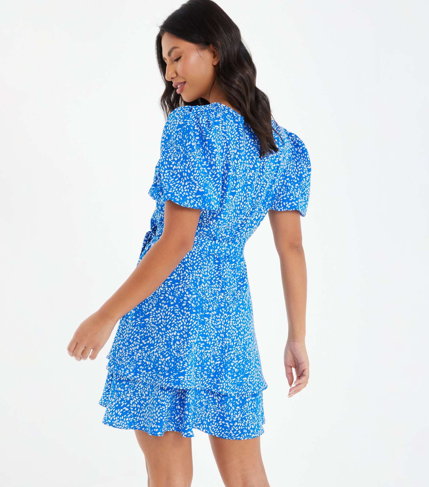 QUIZ Blue Animal Print Puff Sleeve Mini Skater Dress Image 3