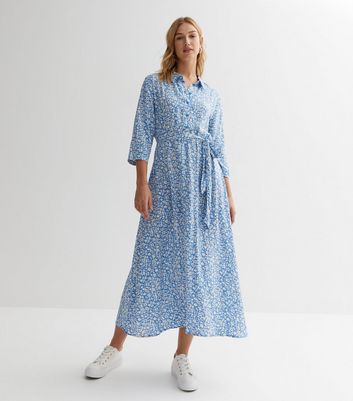 JDY Blue Ditsy Floral Belted Midi Shirt Dress New Look