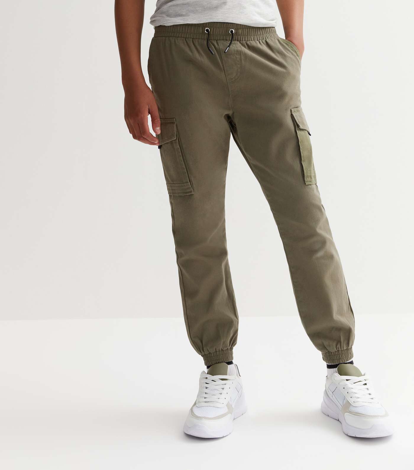 Boys Khaki Drawstring Cuffed Cargo Trousers Image 2