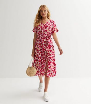 JDY Red Floral Belted Midi Dress New Look