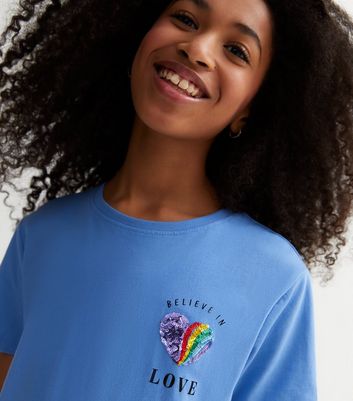 KIDS ONLY Blue Heart Sequin Love Logo T Shirt New Look