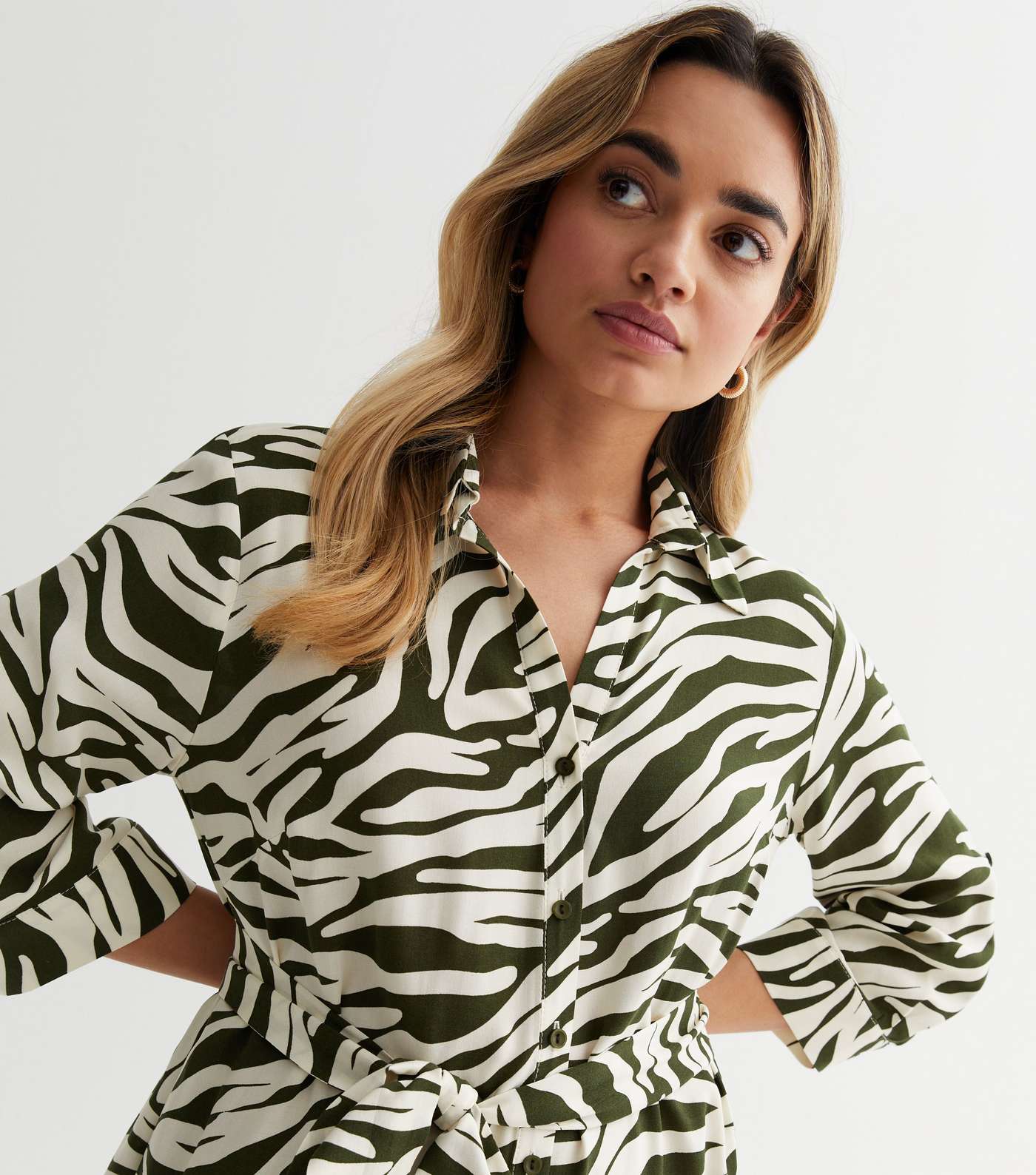 Petite Green Zebra Print Belted Midi Shirt Dress Image 2