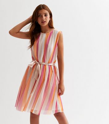 KIDS ONLY Off White Stripe Belted Mini Dress New Look