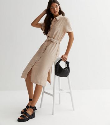 JDY Stone Linen Blend Utility Midi Shirt Dress | New Look