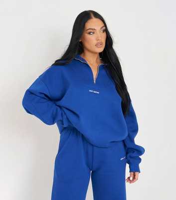Missy Empire Blue Half Zip Long Sleeve Embroidered Sweatshirt 