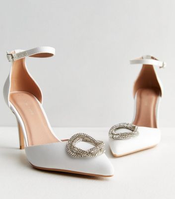 White satin fashion heels with rhinestones