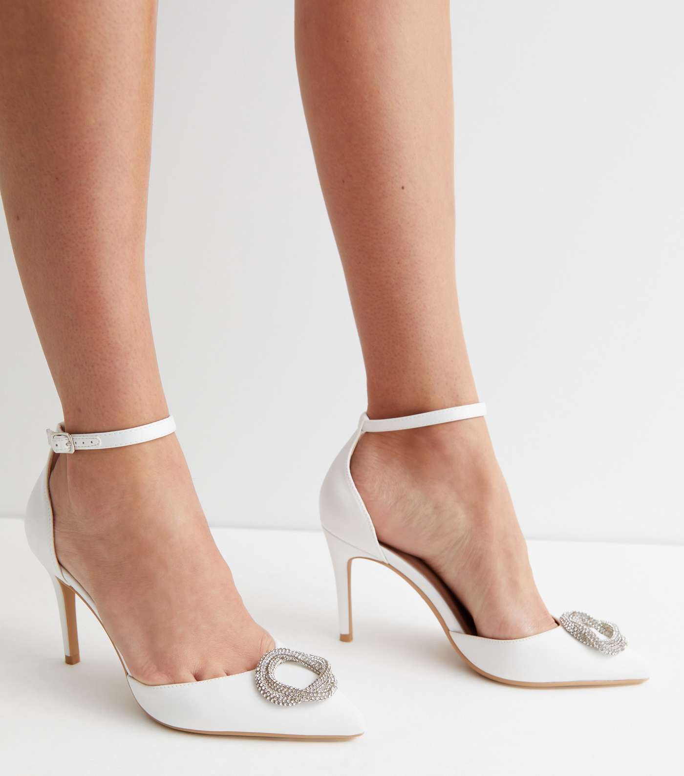 White Satin Embellished Pointed Stiletto Heel Court Shoes Image 2