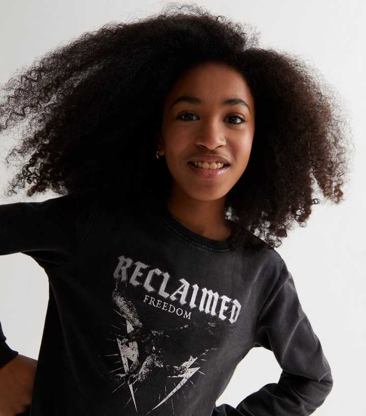KIDS ONLY Black Acid Wash Reclaimed Freedom Logo Sweatshirt | New Look