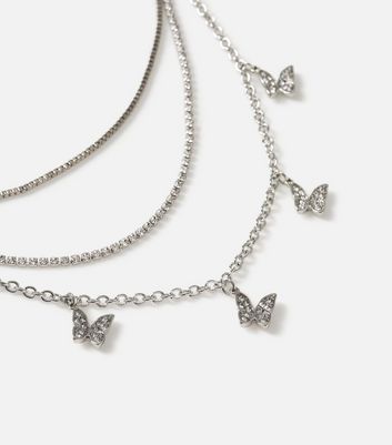 Freedom Silver Diamante Butterfly Layered Chain Necklace New Look