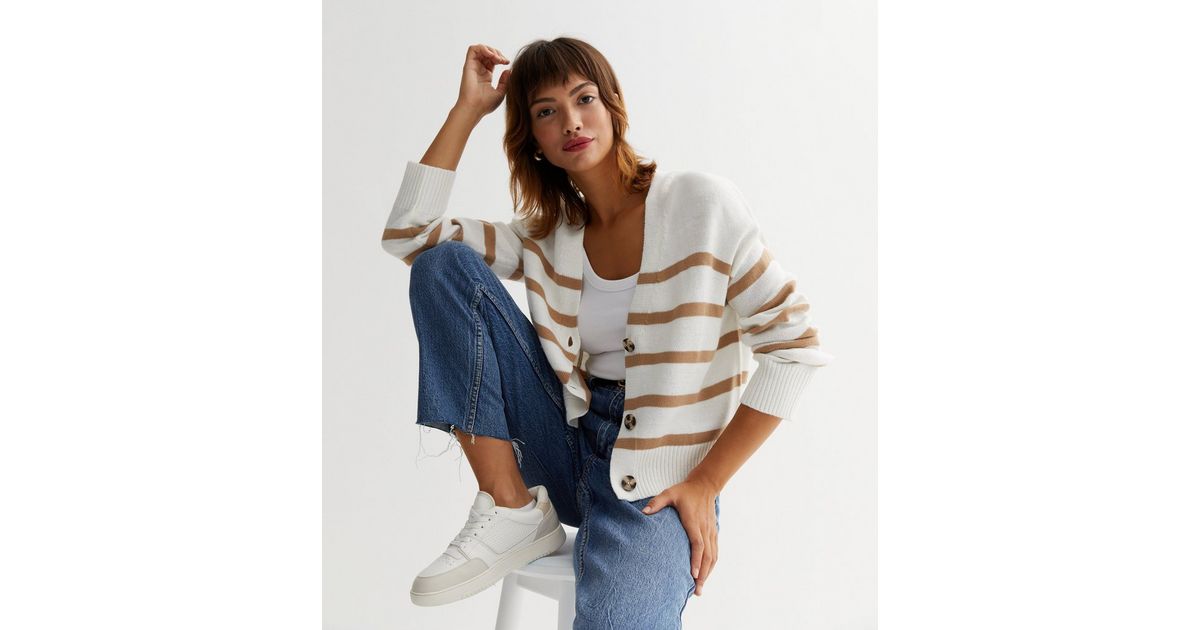 Zip Up Stripe Cardigan in Brown