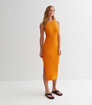 Bright Orange Ribbed Split Hem Bodycon Midi Dress