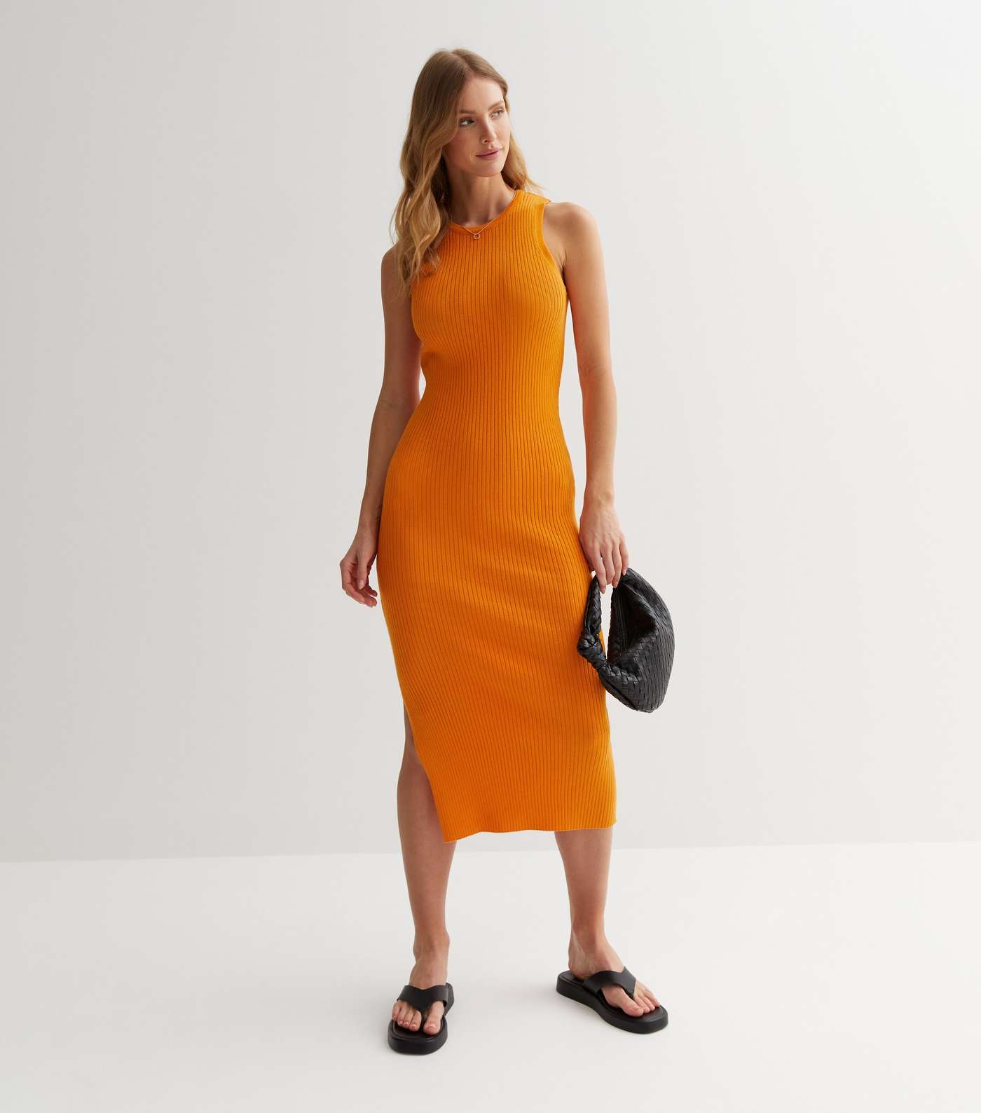 Bright Orange Ribbed Split Bodycon Midi Dress Image 2