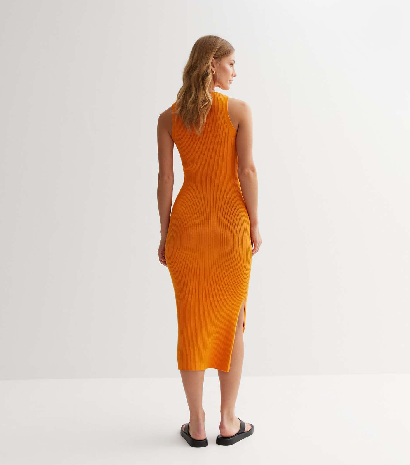 Bright Orange Ribbed Split Bodycon Midi Dress Image 4
