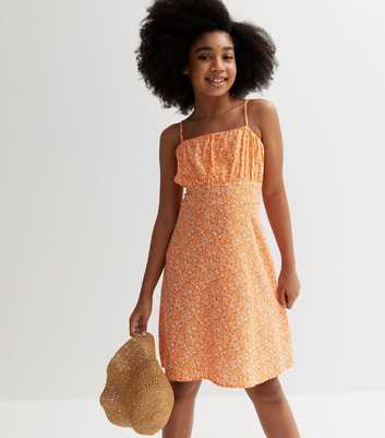 Girls Orange Floral Ruched Strappy Mini Dress