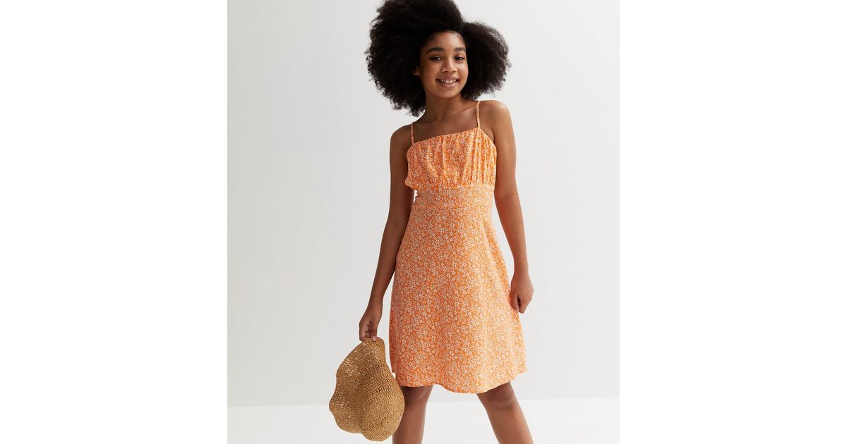 Girls Orange Floral Ruched Strappy Mini Dress New Look