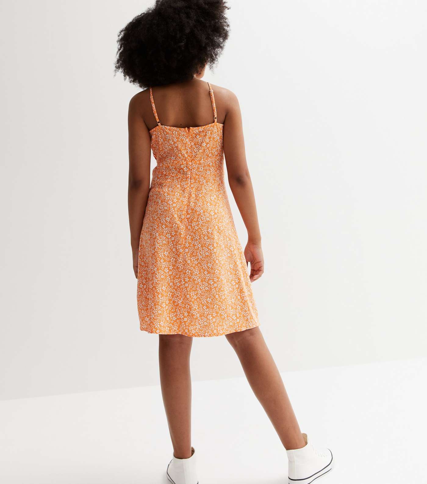 Girls Orange Floral Ruched Strappy Mini Dress Image 4