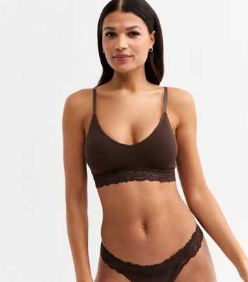 Brown Ribbed Seamless Lace Trim Bralette