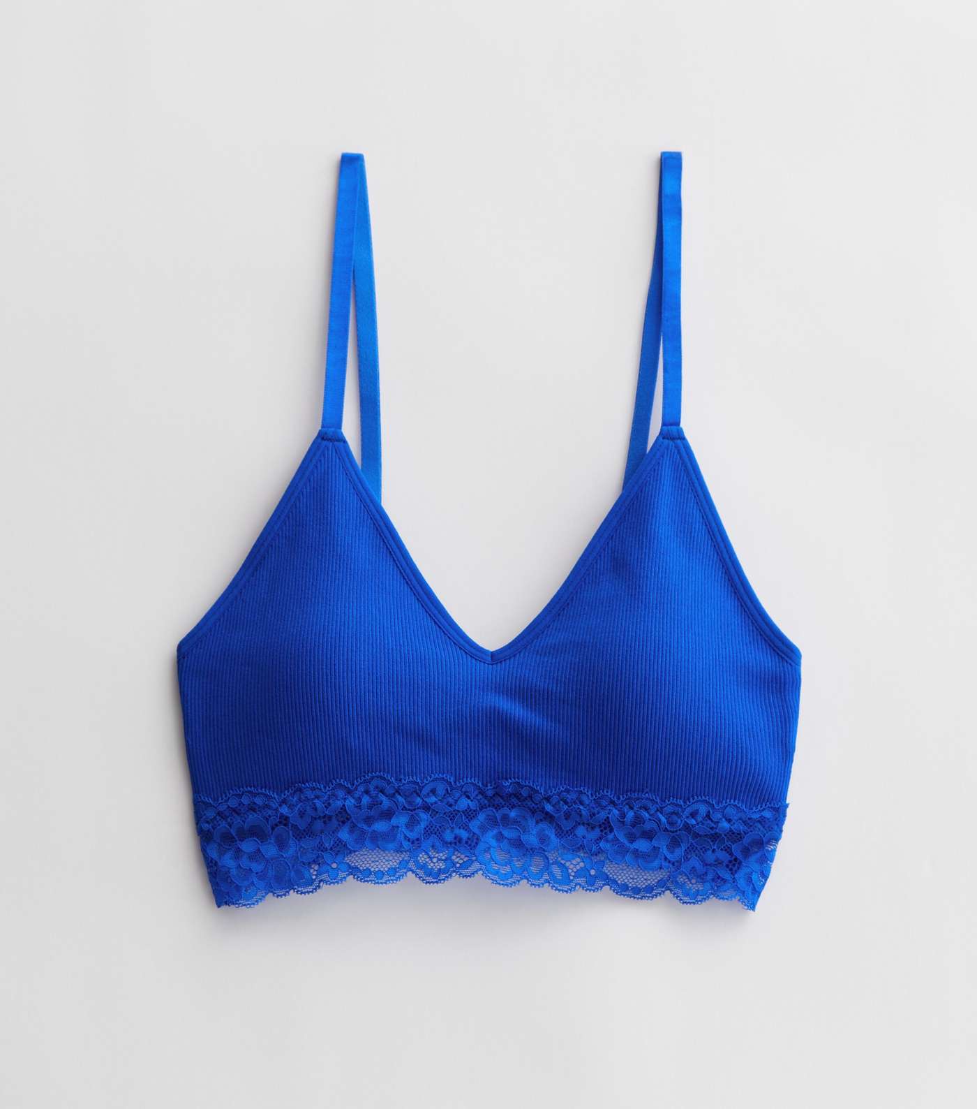 Bright Blue Ribbed Seamless Lace Trim Bralette Image 5