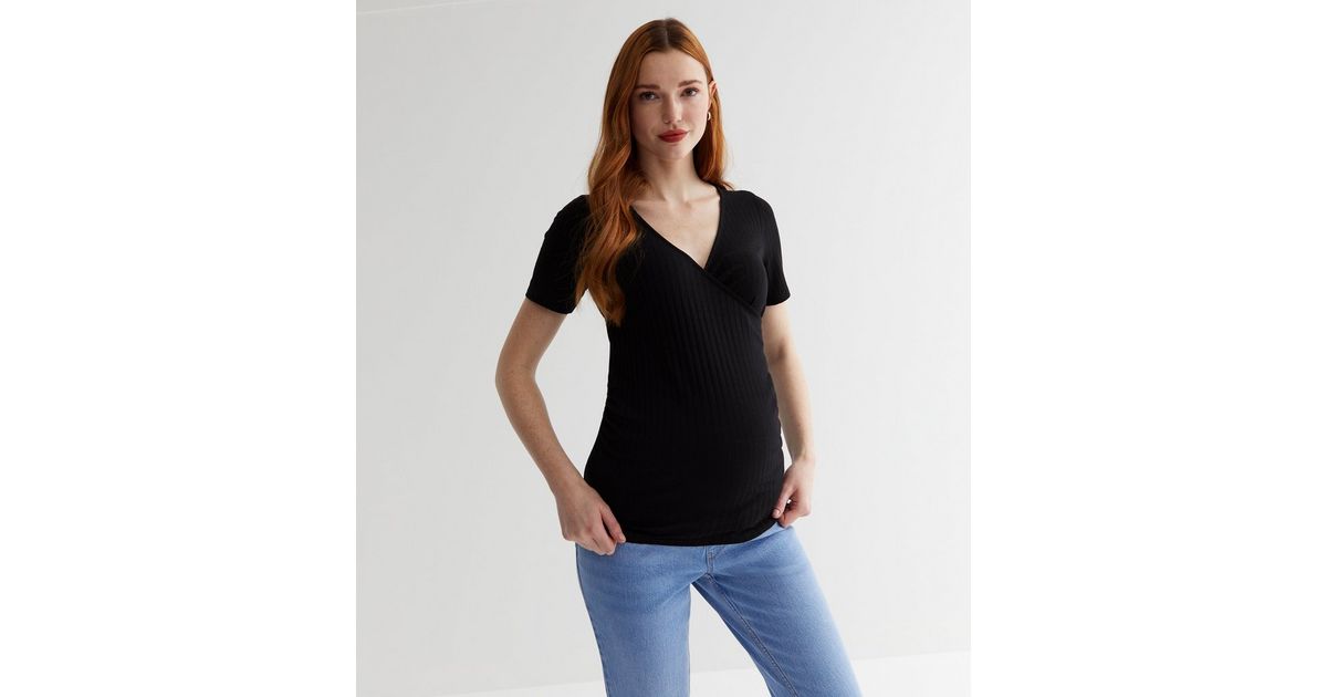 Maternity Ribbed-Knit T-shirt- Black main image 1