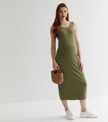 Maternity Khaki Ribbed Racer Midi Bodycon Dress