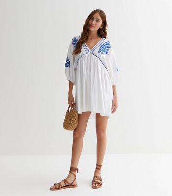 White Textured Embroidered Mini Smock Dress New Look