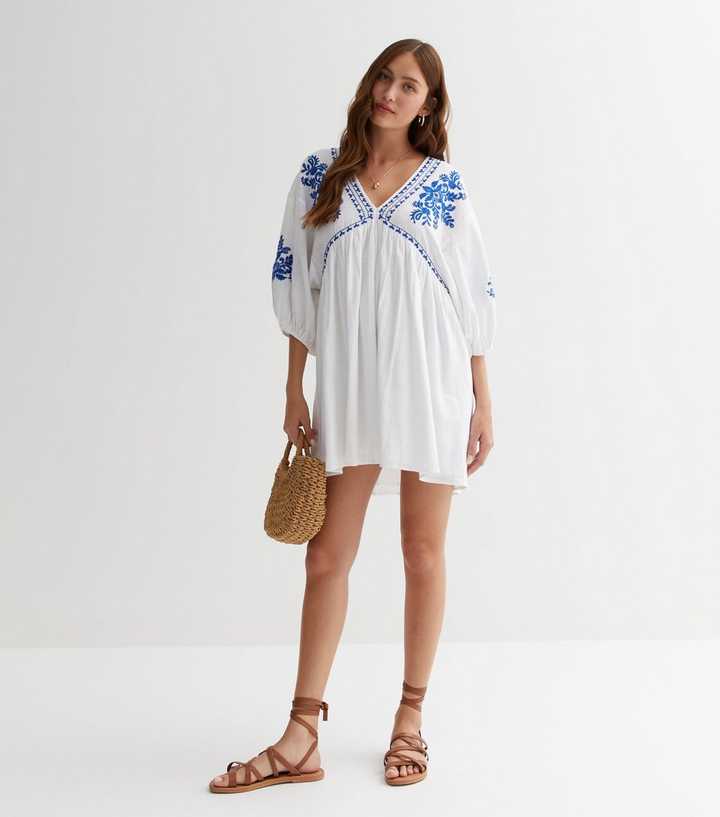 White Textured Embroidered Mini Smock Dress