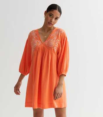 Orange Textured Embroidered Mini Smock Dress