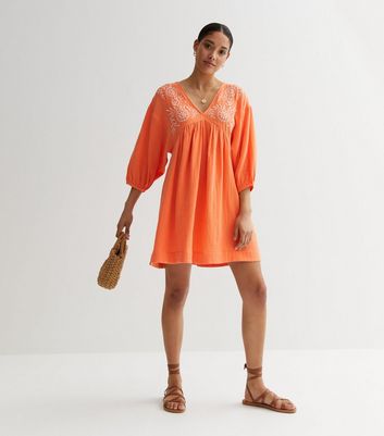 Orange Textured Embroidered Mini Smock Dress New Look