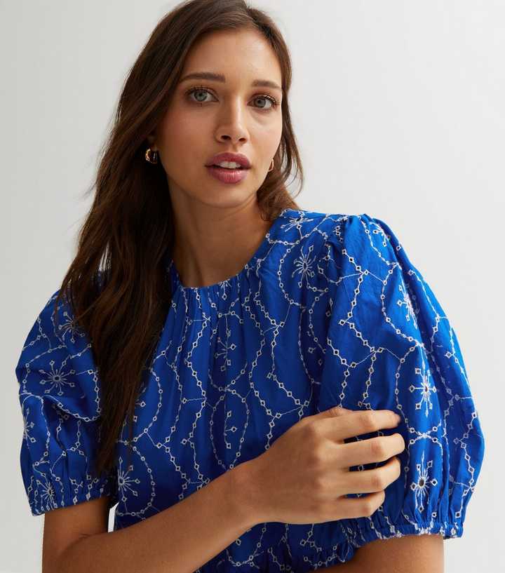 Blue Embroidered Midi Smock Dress