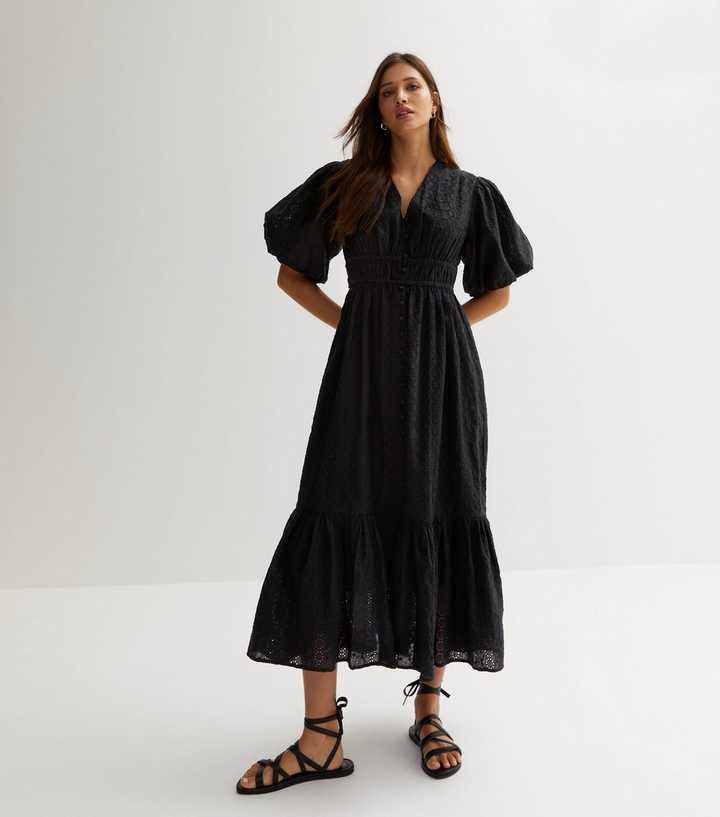 Black Cotton Broderie Button Front Midi Dress
