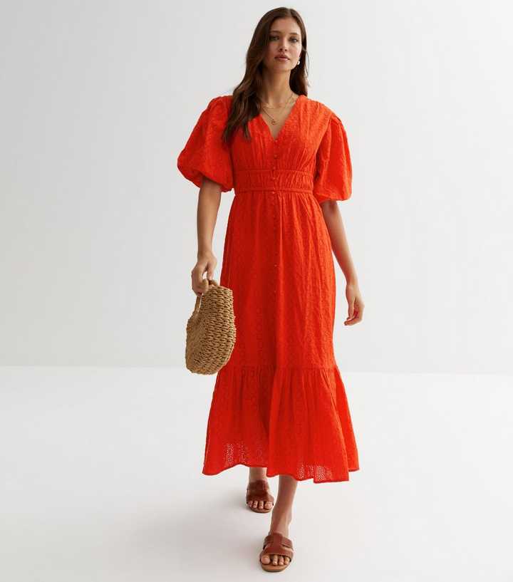 orange broderie dress Orange Broderie Strappy Shirred Waist Midi Dress 16