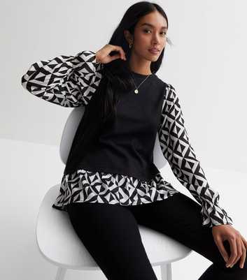 Black Geometric Crew Neck 2 in 1 Top
