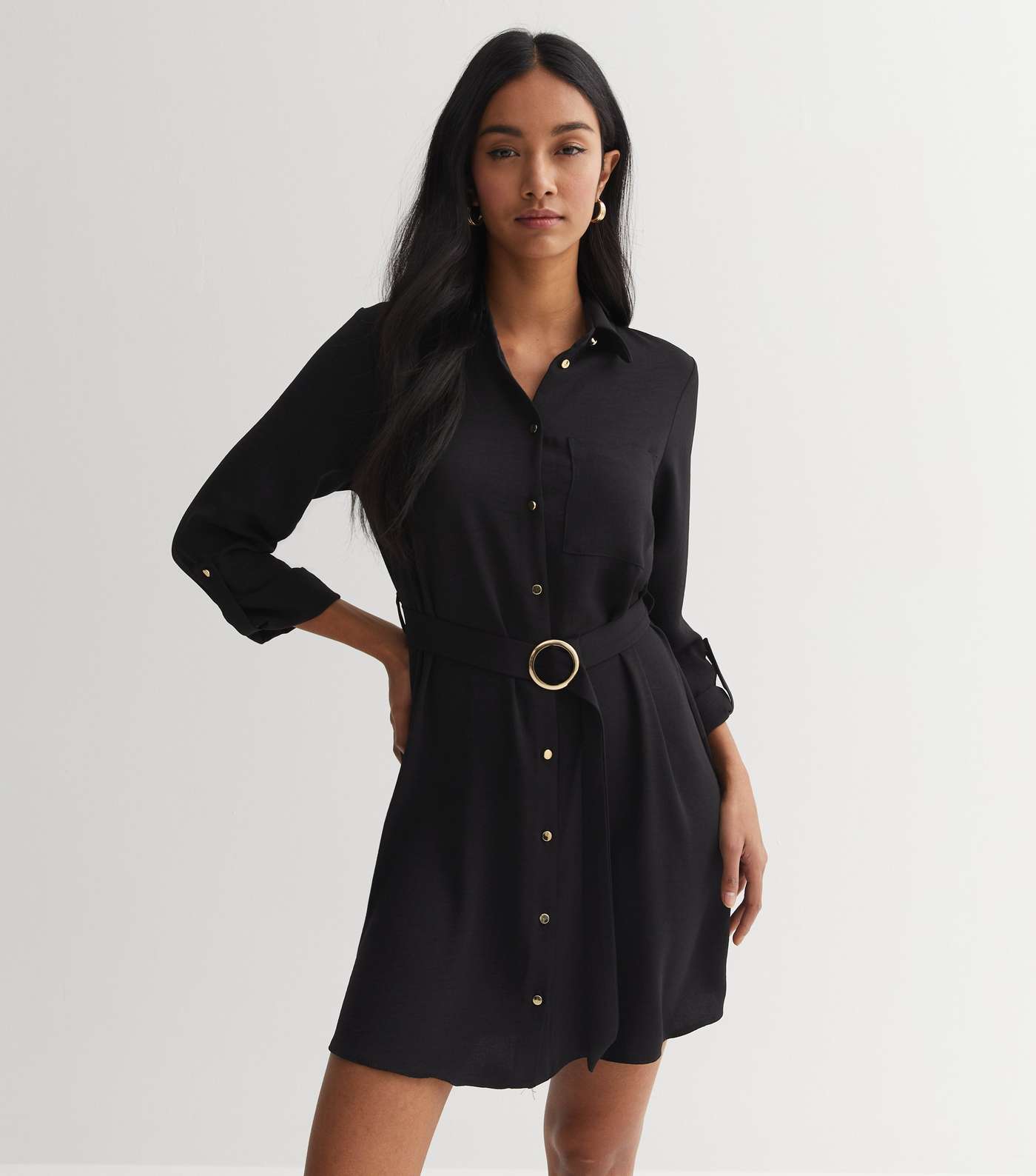 Black Long Sleeve Belted Mini Shirt Dress Image 2