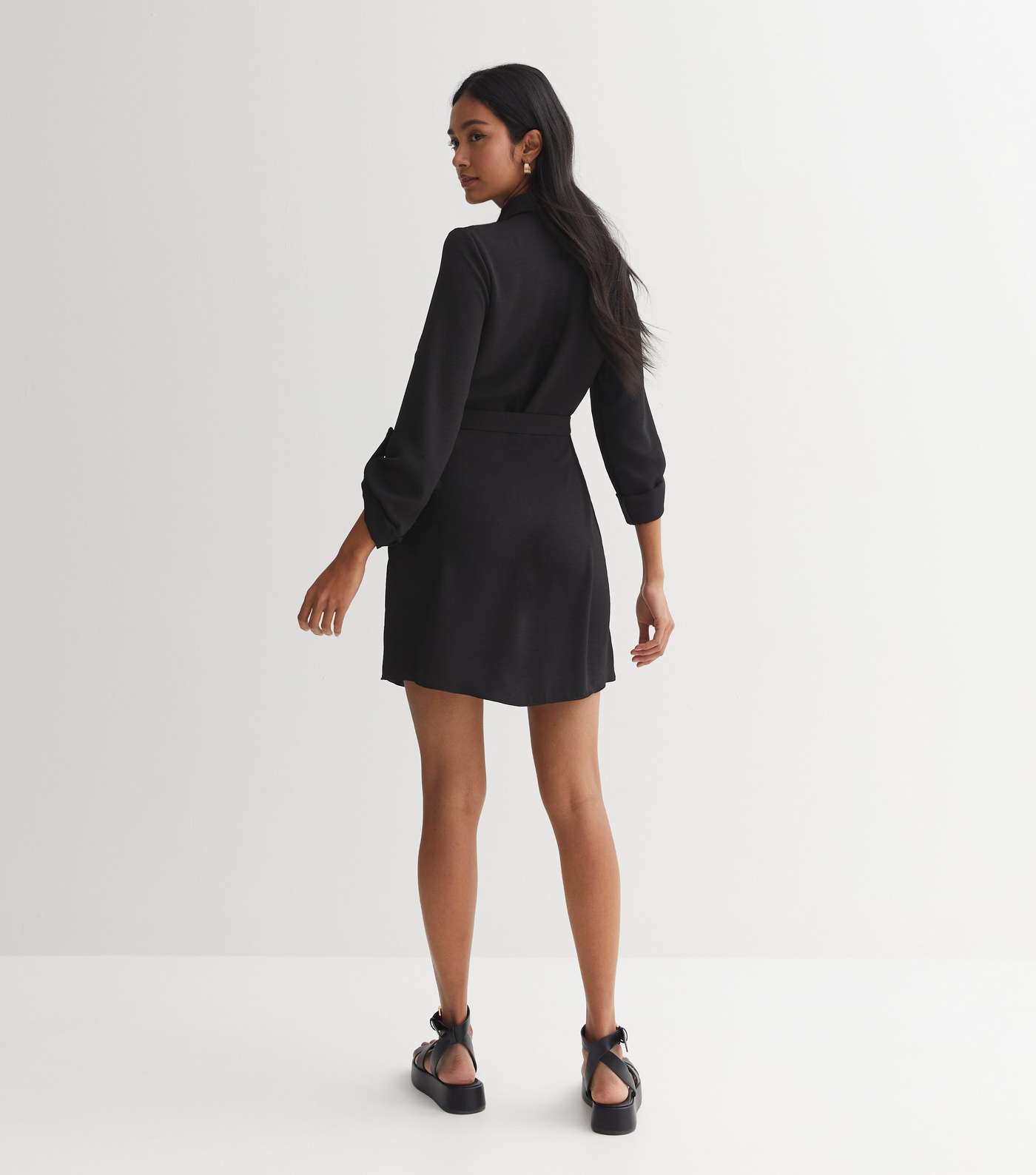 Black Long Sleeve Belted Mini Shirt Dress Image 4