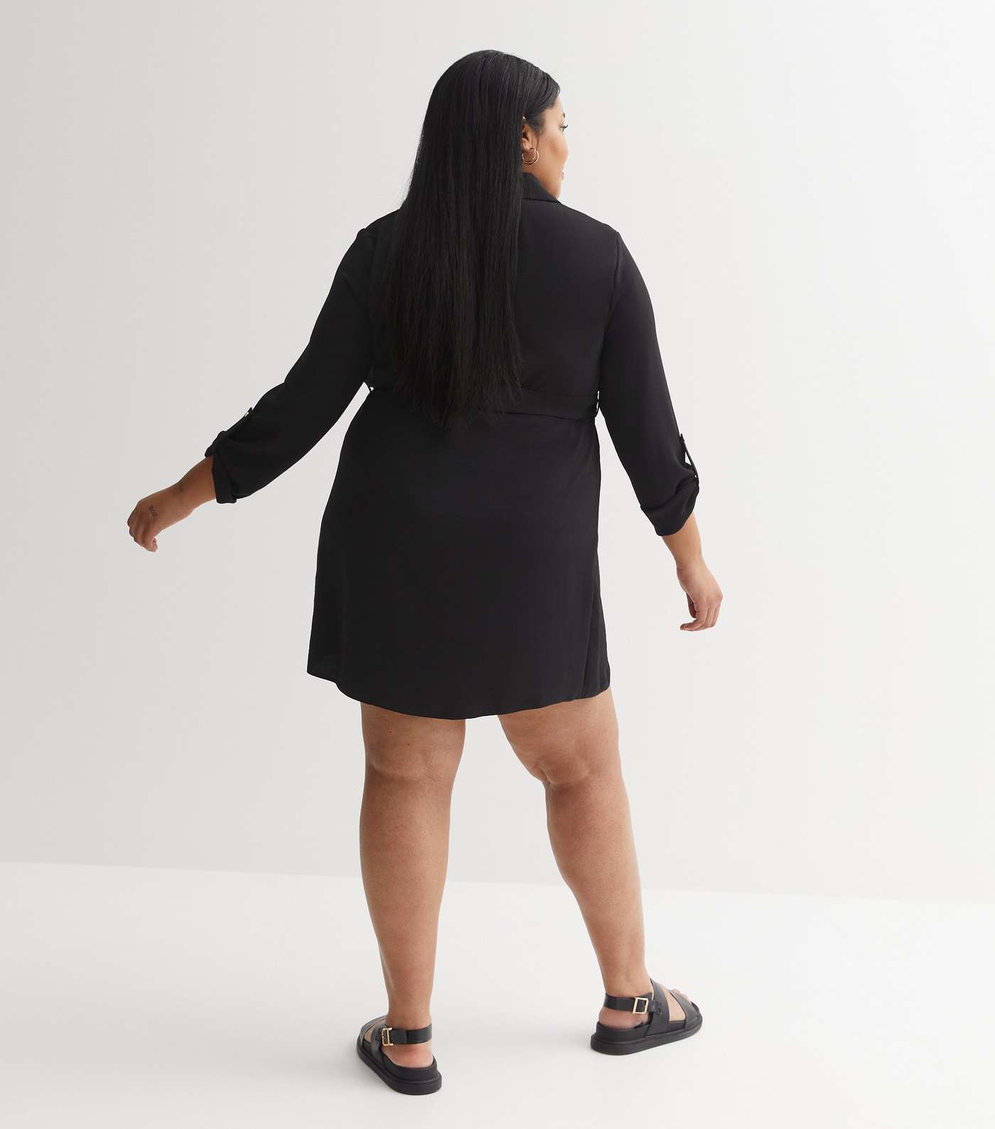 Black Long Sleeve Belted Mini Shirt Dress Image 6