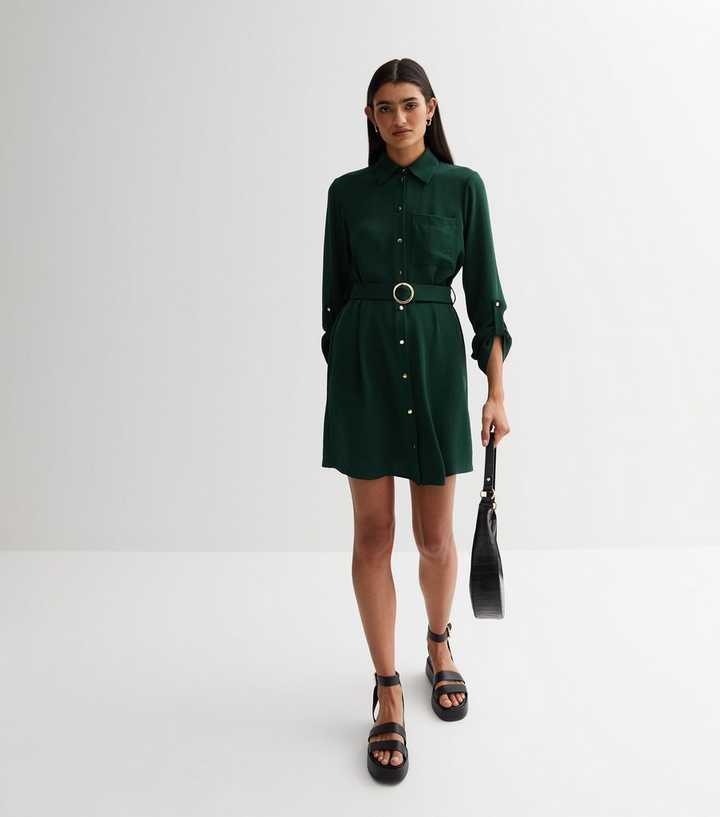 New Look Women's Dark Green Belted Mini Shirt Dress - UK 14