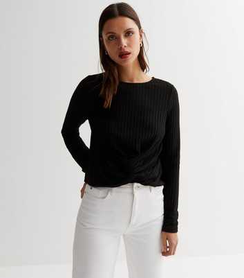Black Brushed Ribbed Knit Twist Front Top